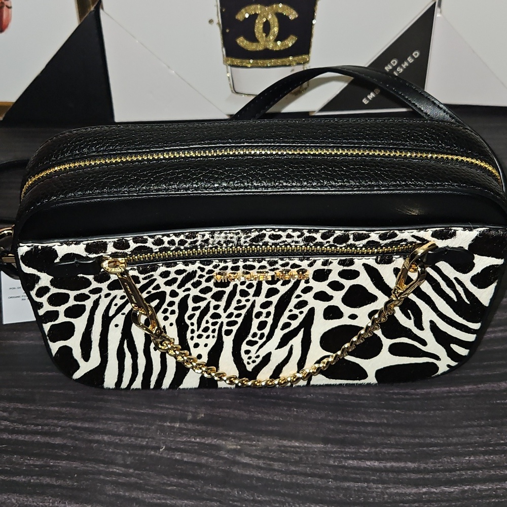 Michael Kors Black and White Zebra Print Crossbody Bag with Gold Chain - Picture 8 of 14